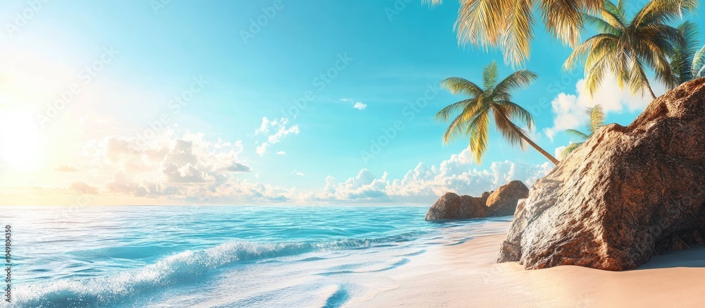 Wall mural Summer vacation travel background featuring a beach under a sunny sky A tropical holiday scene by the sea Seascape nature. with copy space image. Place for adding text or design