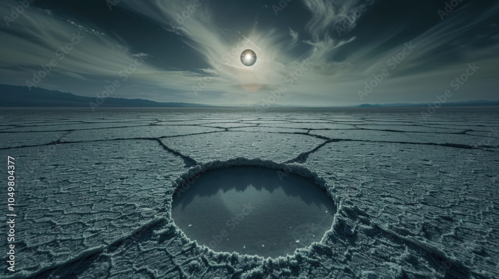 Poster a mesmerizing view of a high-altitude salt flat with symmetrical, geometric salt patterns and a rare