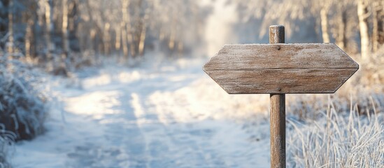 Naklejka premium Wooden blank sign post directing left with blurred frozen trees in the background. with copy space image. Place for adding text or design