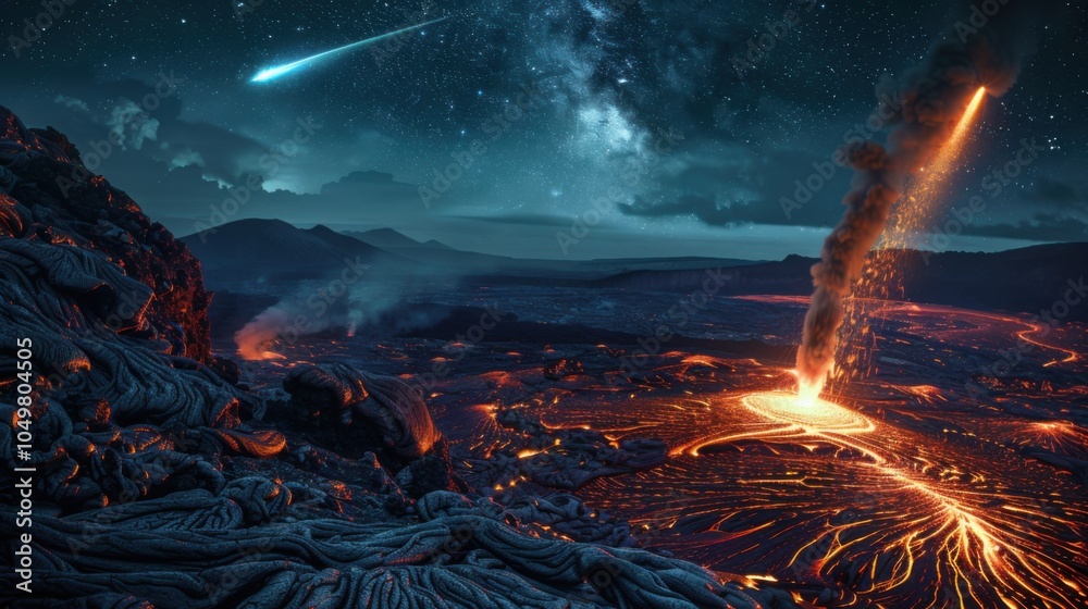 Poster a mesmerizing view of a high-altitude volcanic caldera with flowing lava channels and a rare, deep b