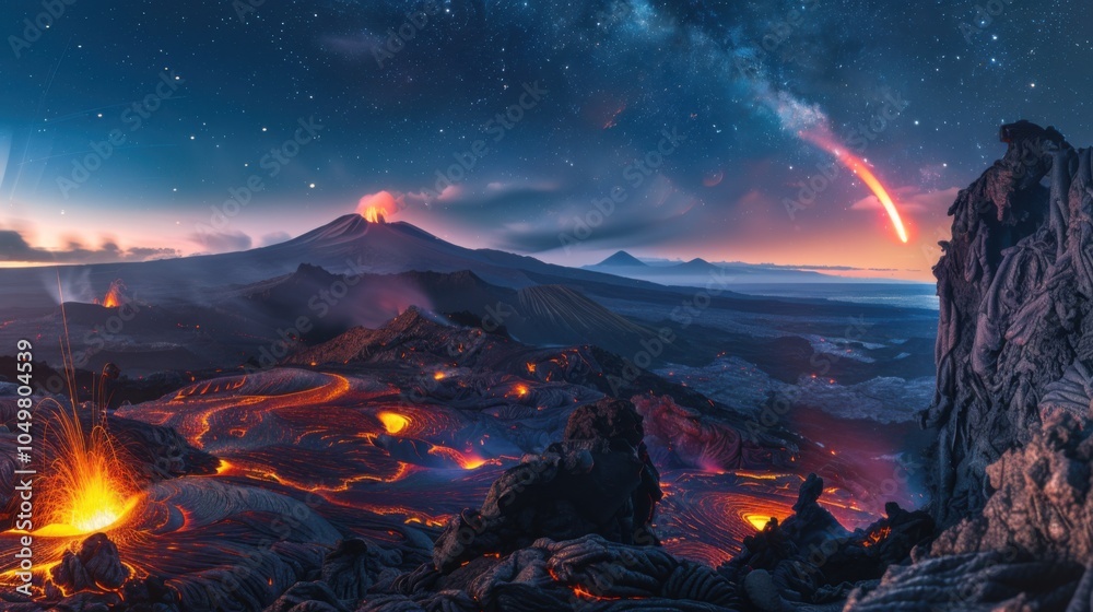 Poster a mesmerizing view of a high-altitude volcanic caldera with flowing lava channels and a rare, deep b