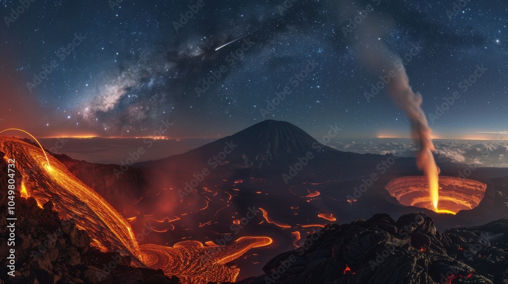 Poster a mesmerizing view of a high-altitude volcanic caldera with flowing lava channels and a rare, deep b