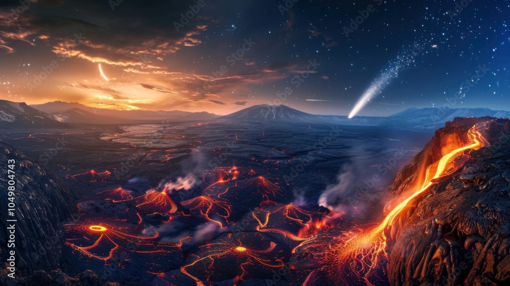 Poster a mesmerizing view of a high-altitude volcanic caldera with flowing lava channels and a rare, deep b
