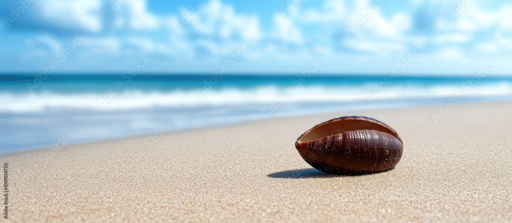 Poster a large dark brown cowry shell rests on its side on the sandy beach at the pacific ocean s edge with