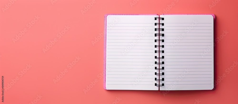 Aufkleber Top view image of an open notebook with blank pages School notebook on a pink coral background spiral notepad on a table flat lay. with copy space image. Place for adding text or design