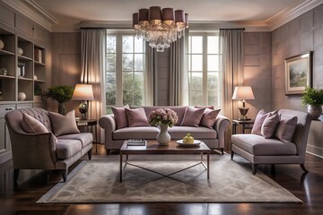 Fototapeta premium Elegant Cozy Living Room Design with Pink Gray Color Harmony, Plush Upholstery, Minimalist Decor, Serene Atmosphere, Silhouette Photography, Interior Inspiration