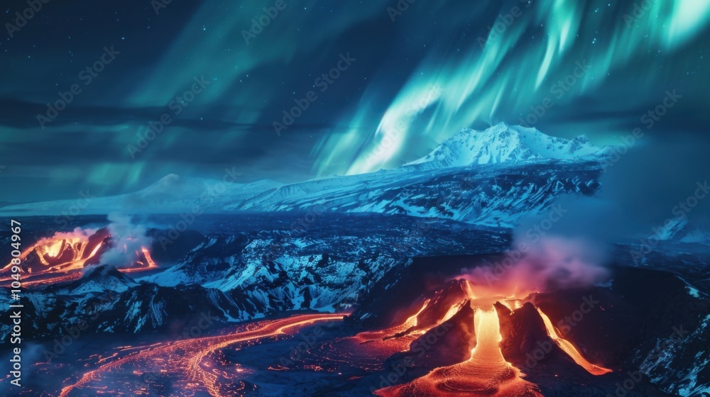 Poster a mesmerizing view of a high-altitude volcanic caldera with glowing lava rivers and a rare, vivid co