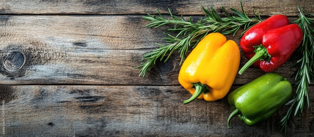 Aufkleber bell peppers and rosemary on a wooden surface repeated image vegetarian cuisine and dietary nutritio