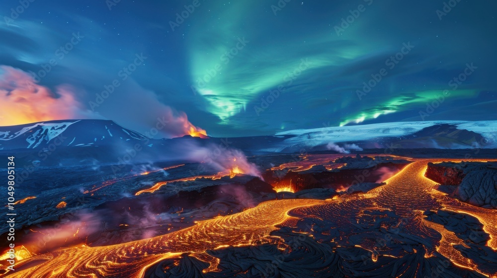 Poster a mesmerizing view of a high-altitude volcanic caldera with glowing lava rivers and a rare, vivid co
