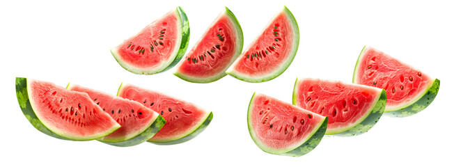 A closeup of fresh and juicy watermelon slices isolated on a clean white background.