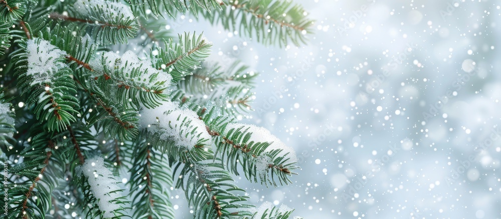 Poster Snow covered fir branches A Christmas winter scene featuring a spruce branch New Year backdrop. with copy space image. Place for adding text or design