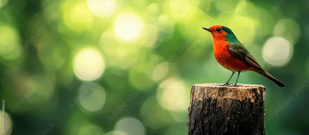 Poster a vibrant red robin also known as robin redbreast perched on an aged brown tree stump set against a 