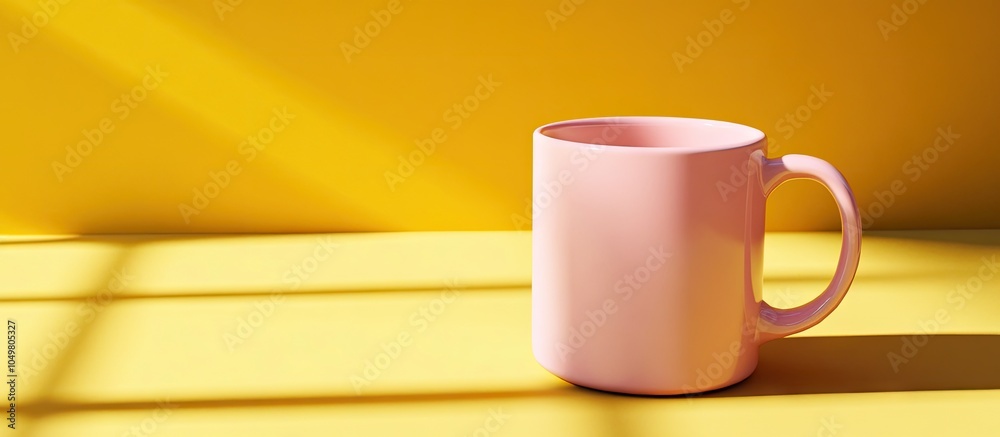 Poster pink mug on a yellow background breakfast in the morning porcelain design. with copy space image. pl