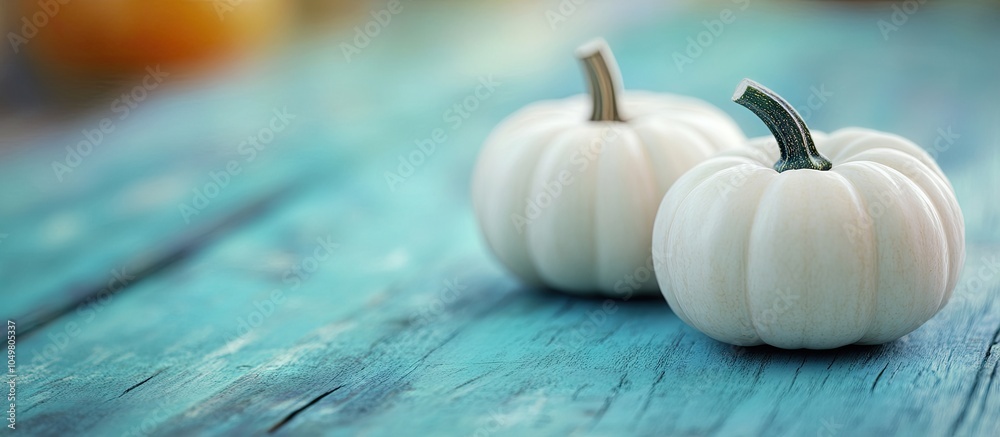 Leinwandbilder front view of two small white mini fall pumpkins on a rustic blue green table for autumn selective f