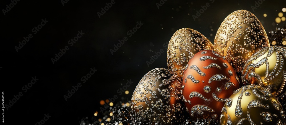 Aufkleber Easter eggs adorned with sparkling rhinestones representing the wealth of the Easter week. with copy space image. Place for adding text or design