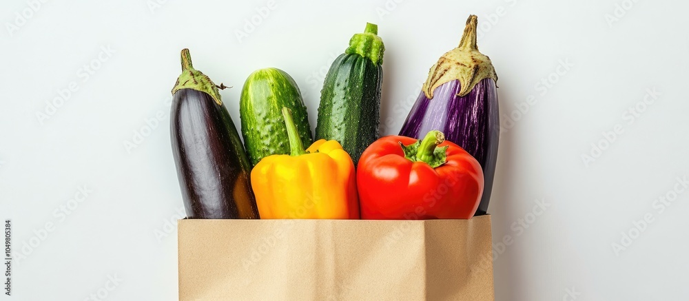Leinwandbilder healthy vegetables including eggplant tomato pepper and cucumber in a paper bag against a white back