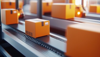 High-tech warehouse interior with conveyor belts and robotic systems sorting packages, emphasizing the efficiency and automation of modern logistics operations