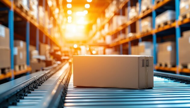 High-tech warehouse interior with conveyor belts and robotic systems sorting packages, emphasizing the efficiency and automation of modern logistics operations