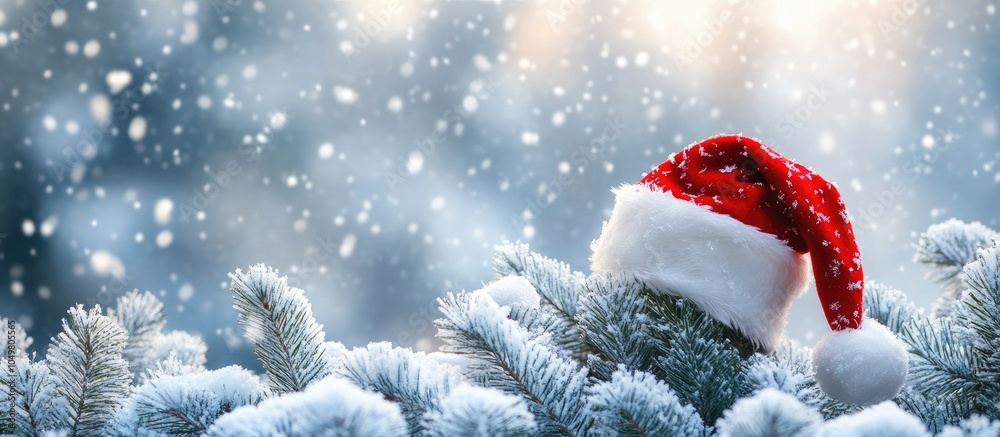 Poster Snow covered fir branches adorned with a red Santa hat. with copy space image. Place for adding text or design