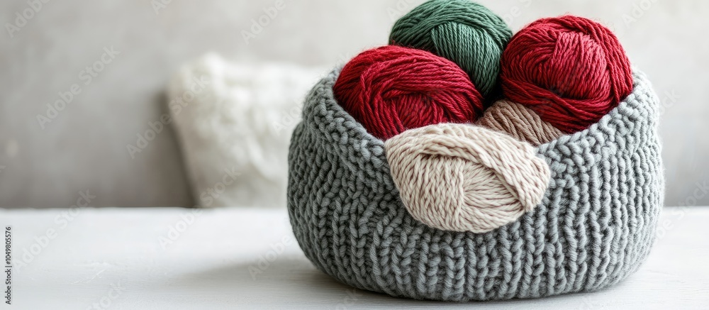 Poster green and red yarn in a gray knitted basket on a white table concept of home comfort and christmas k