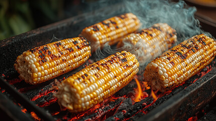 Fresh corn on the cob being grilled over an open fire, with smoke rising from it.