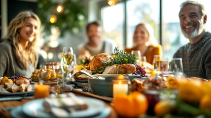  Friends gathering around a Thanksgiving dinner table smiling during mid-day 