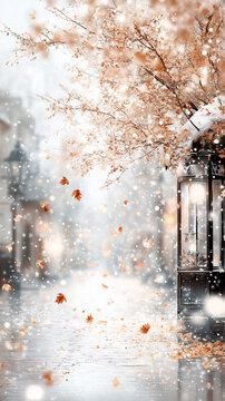Snow falling on an empty city street during autumn with colorful leaves swirling in the wind