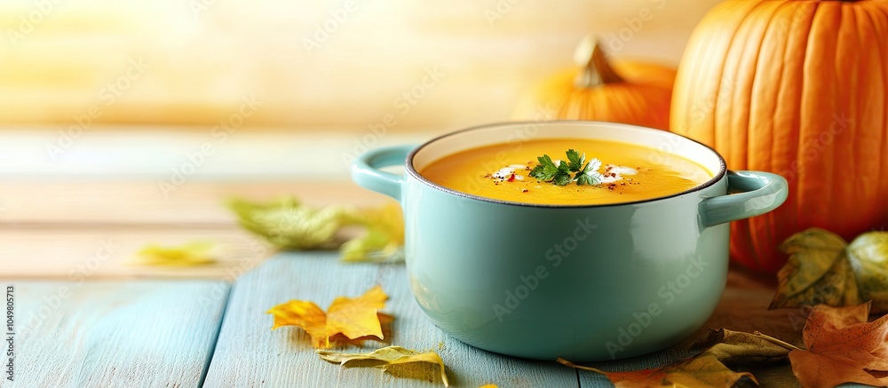Leinwandbilder Delicious pumpkin cream soup in a pot on a table. with copy space image. Place for adding text or design