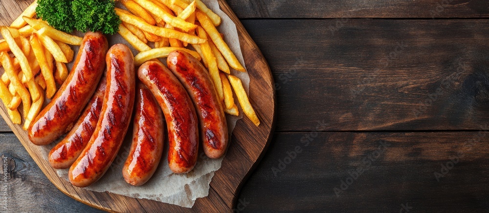 Fototapete curry wurst sausages accompanied by french fries on a wooden board with a wooden background top view