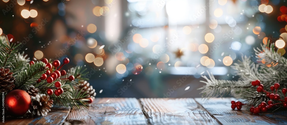 Poster Christmas backdrop joyous New Year Selective focus Holiday. with copy space image. Place for adding text or design