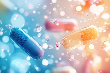 Colorful capsules floating in a vibrant, abstract background with sparkling bubbles