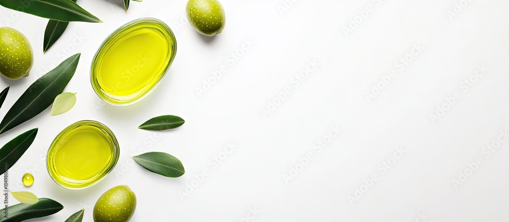 Poster frame of green olive fruit and olive oil isolated on a white background top view. with copy space im