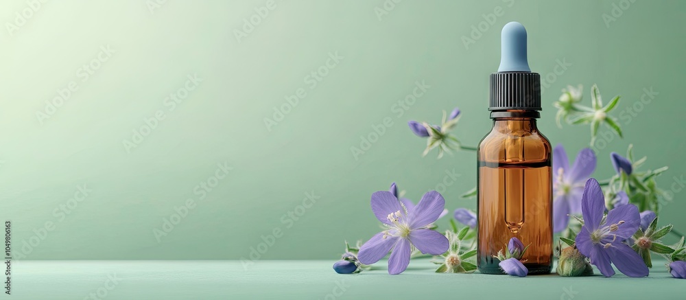 Poster bottle with pipette containing borage oil and borage flowers set against a green background. with copy space image. Place for adding text or design