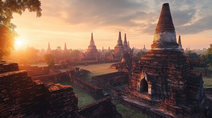 A panoramic view of the ancient temples and ruins of Ayutthaya, with the sun setting behind