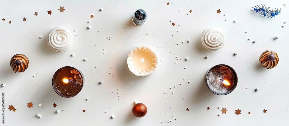 Poster Hanukkah banner design featuring a menorah sufganiyot and a spinning top on a white background Top view from above Flat lay. with copy space image. Place for adding text or design