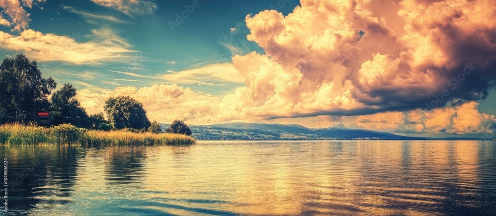 Leinwandbilder Lakeside scenery with clouds cross processed image. with copy space image. Place for adding text or design