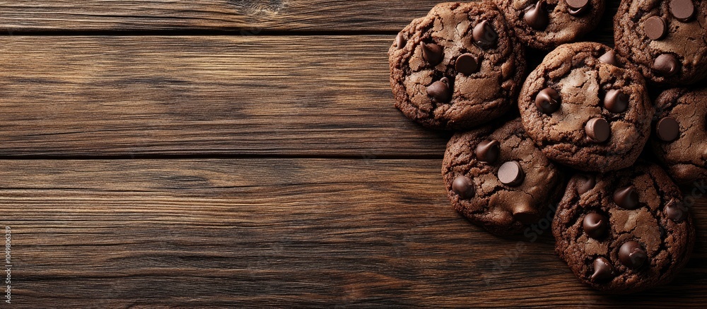 Poster chocolate cookies with chocolate chips set against a wood background. with copy space image. Place for adding text or design