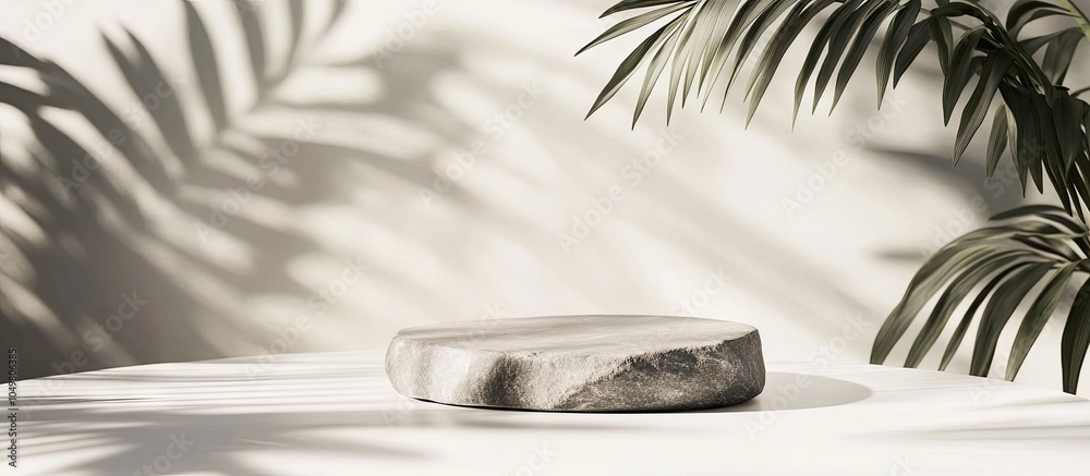 Aufkleber Minimal abstract empty round slate rock podium on a white table surface background featuring shadows of tropical leaves Luxury backdrop showcase for cosmetics or skincare display