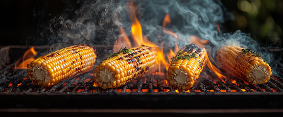 Fresh corn on the cob being grilled over an open fire, with smoke rising from it.