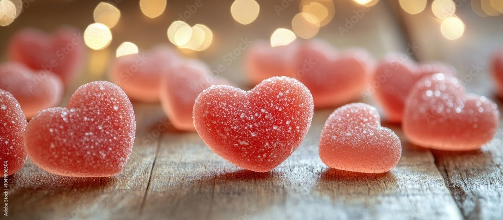 Poster Sweet heart shaped candy on wood with a blurred background and Valentine s Day theme. with copy space image. Place for adding text or design