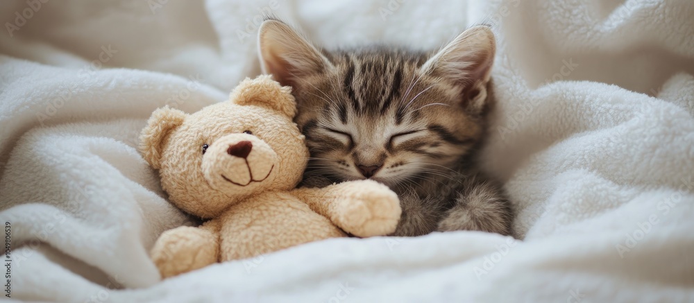 Aufkleber A cozy little kitten is sleeping with its favorite teddy bear under a warm white blanket on a bed at home Empty space for text. with copy space image. Place for adding text or design