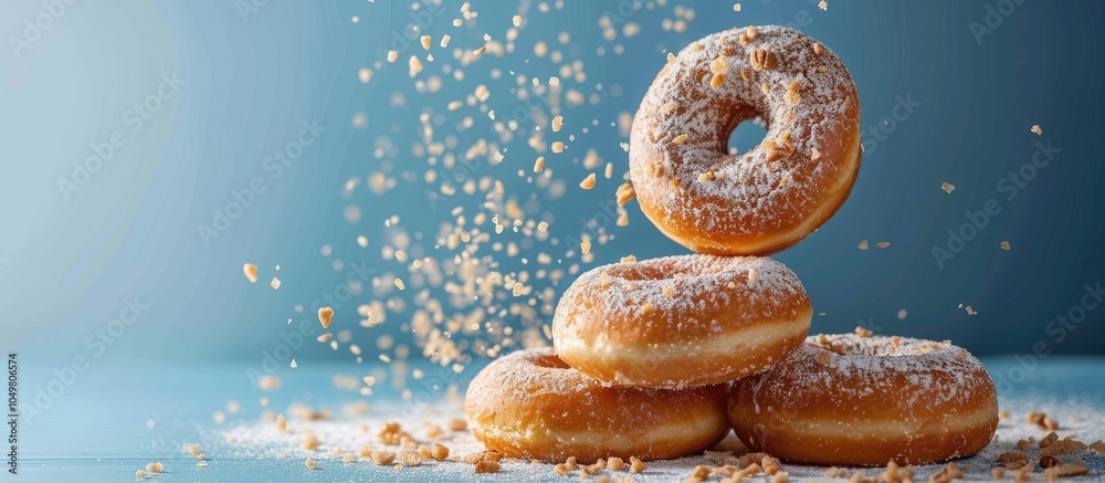 Fototapete chocolate donuts white sugar and a dusting of nuts against a blue background. with copy space image.
