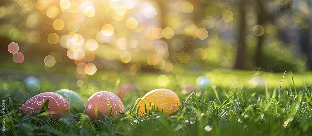 Aufkleber Easter eggs on the grass with a selective focus on the chicken eggs. with copy space image. Place for adding text or design