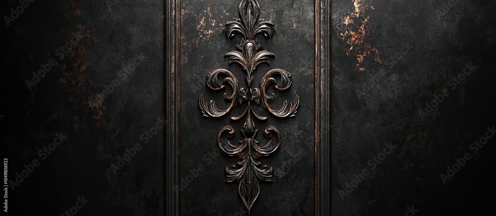 Poster black background featuring a vertical metal ornament. with copy space image. Place for adding text or design