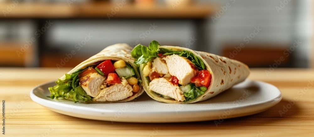 Poster A healthy chicken salad wrap cut in half and presented on a white ceramic plate against a plain wooden table backdrop. with copy space image. Place for adding text or design