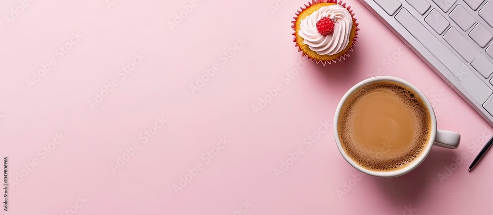 Aufkleber home office desk workspace featuring coffee and a cupcake flat lay top view on a pink background cof