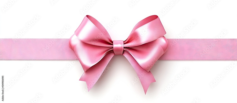 Fototapete single pink gift bow with three wide ribbons in parallel over a white background. with copy space im