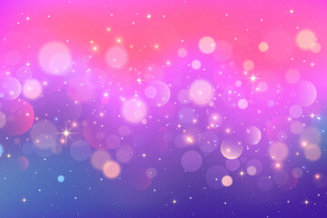 Cute purple abstract background with glitter and stars. Dreamy pastel purple fantasy sky with sparkles. Unicorn magic wavy bg. Glowing galaxy with holographic gradient. Vector illustration