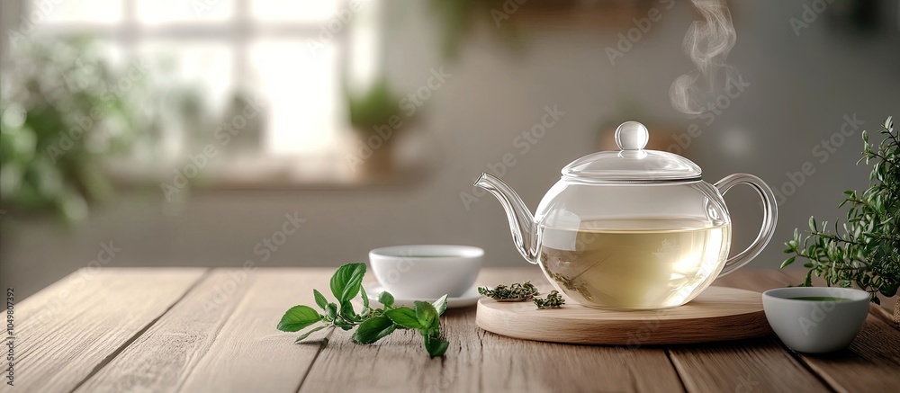 Poster a stylish teapot cup and teaspoon are positioned on a wooden table in the kitchen alongside green te