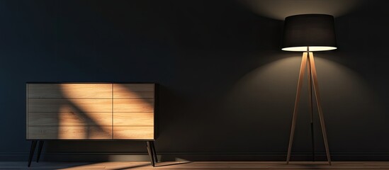 Interior of a chic room featuring a luminous stand lamp and drawers. with copy space image. Place for adding text or design